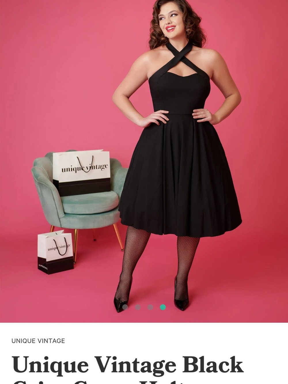 Unique Vintage Black Halter Midi Sundress